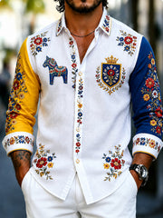 Herrskjorta i retrostil med svensk dalahäst och broderad blomsterkonst, avslappnad stil
