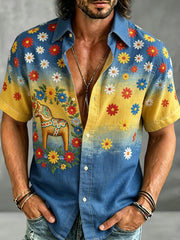 Herrskjorta i retrostil med svensk dalahäst och broderad blomsterkonst, avslappnad stil