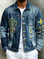 Herrjacka i retrostil med svensk midsommar- och folkmotiv, i bomull-linne, långärmad