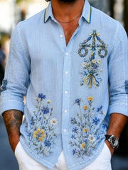Herrskjorta i retrostil med svensk dalahäst och broderad blomsterkonst, avslappnad stil