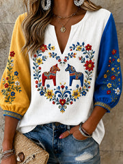 Damvintage tröja i svensk stil med broderad blommönster, midsommarart-print och avslappnad stil i bomull-linne