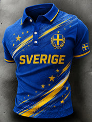 Herrpolotröja i retrostil med fotbollselement, kortärmad och avslappnad stil
