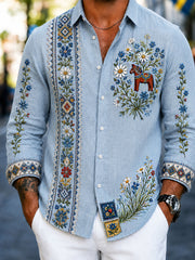 Herrskjorta i retrostil med svensk broderad blommönster, midsommarart-print och avslappnad stil i bomull-linne