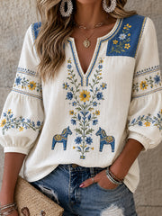 Damvintage tröja i svensk stil med broderad blommönster, midsommarart-print och avslappnad stil i bomull-linne