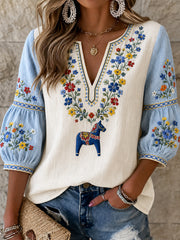Damvintage tröja i svensk stil med broderad blommönster, midsommarart-print och avslappnad stil i bomull-linne