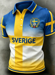 Herrpolotröja med konsttryck i publikstil från en svensk fotbollsmatch