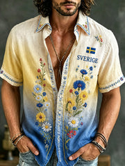 Herrskjorta med konsttryck för den svenska midsommarfesten, kortärmad