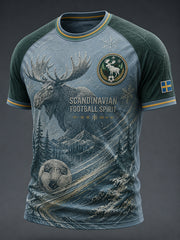Herrtröja med fotbollsmotiv, färgblockad design, raglanärmar och korta ärmar