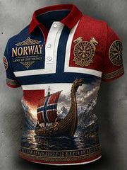 Herrpolotröja i retro-nordisk stil med norsk konsttryck