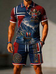 Herrset i retro-nordisk stil bestående av två delar: Casual polotröja och shorts med norsk konstprint