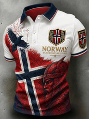 Herrpolotröja i retro-nordisk stil med norsk konsttryck
