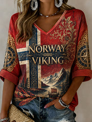 Dammens retrovikingelementtryck v-ringad topp