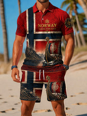 Herrset i retro-nordisk stil bestående av två delar: Casual polotröja och shorts med norsk konstprint