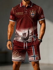 Herrset i retro-nordisk stil bestående av två delar: Casual polotröja och shorts med norsk konstprint
