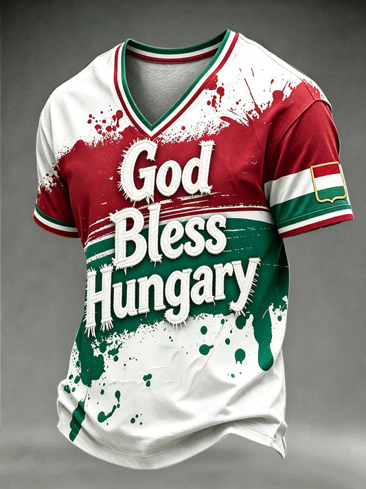 Férfi fehér „God Bless Hungary” 3D graffiti nyomott alkalmi V-nyakú póló