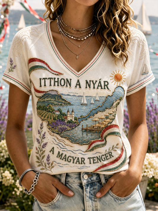 Női magyarország balaton vintage poszter art v-neck off-shoulder rövid ujjú póló