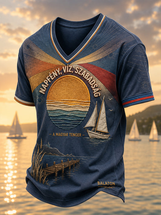 Férfi magyarország balaton vintage plakát art v-nyak póló