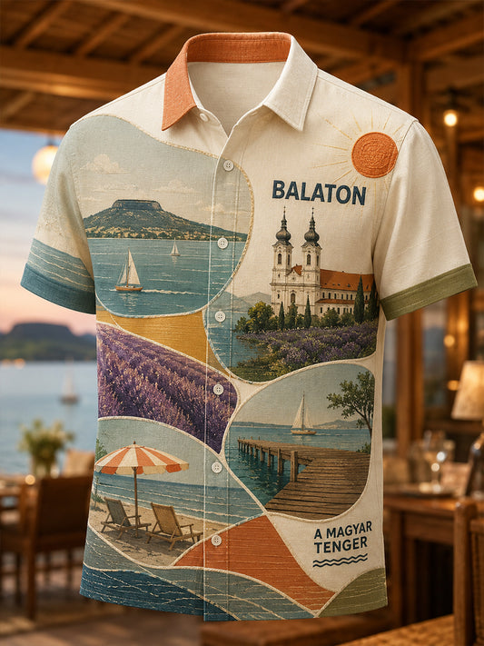 Férfi magyarország balaton vintage poszter művészet alkalmi ing rövid ujjú