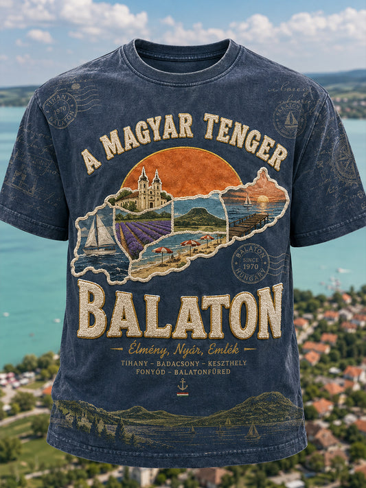 Férfi magyar Balaton-vintage poszterművészeti rövidujjú póló