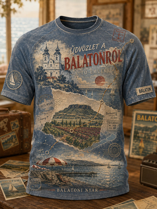 Férfi magyar Balaton-vintage poszterművészeti rövidujjú póló