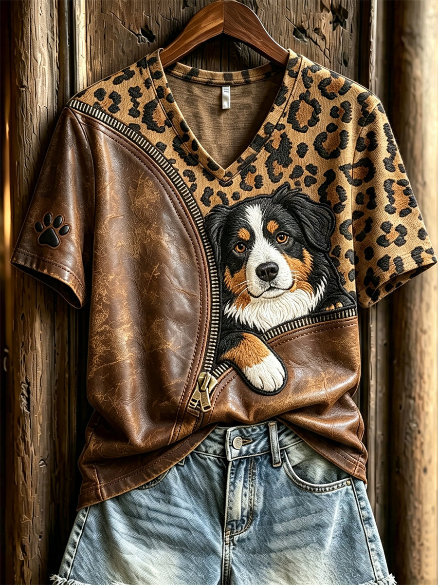 Női peeking berni hegyi kutya unzipped leopard nyomtatás rövid ujjú póló