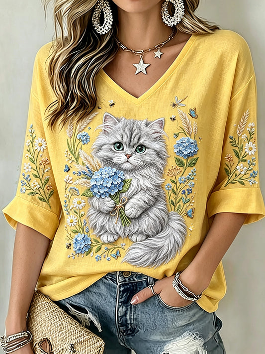 Női elegáns hortenzia & cat art print vászon rövid ujjú póló