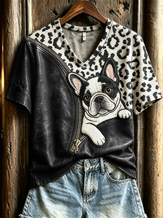Női peeking francia bulldog unzipped leopard print rövid ujjú póló