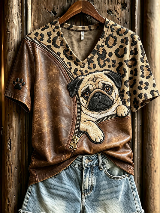 Női peeking pug kutya unzipped leopard print rövid ujjú póló