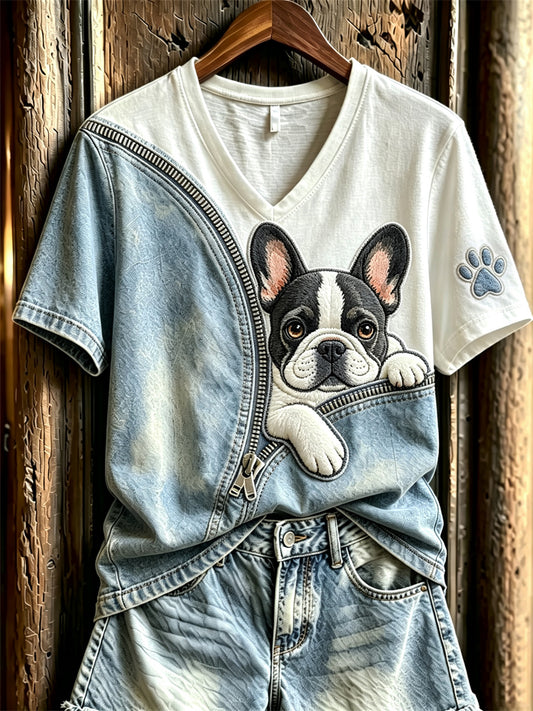 Női peeking frenchbulldog unzipped denim print rövid ujjú póló