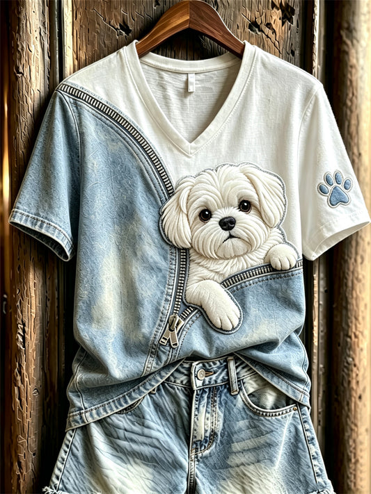 Női peeking máltai kutya unzipped denim print rövid ujjú póló