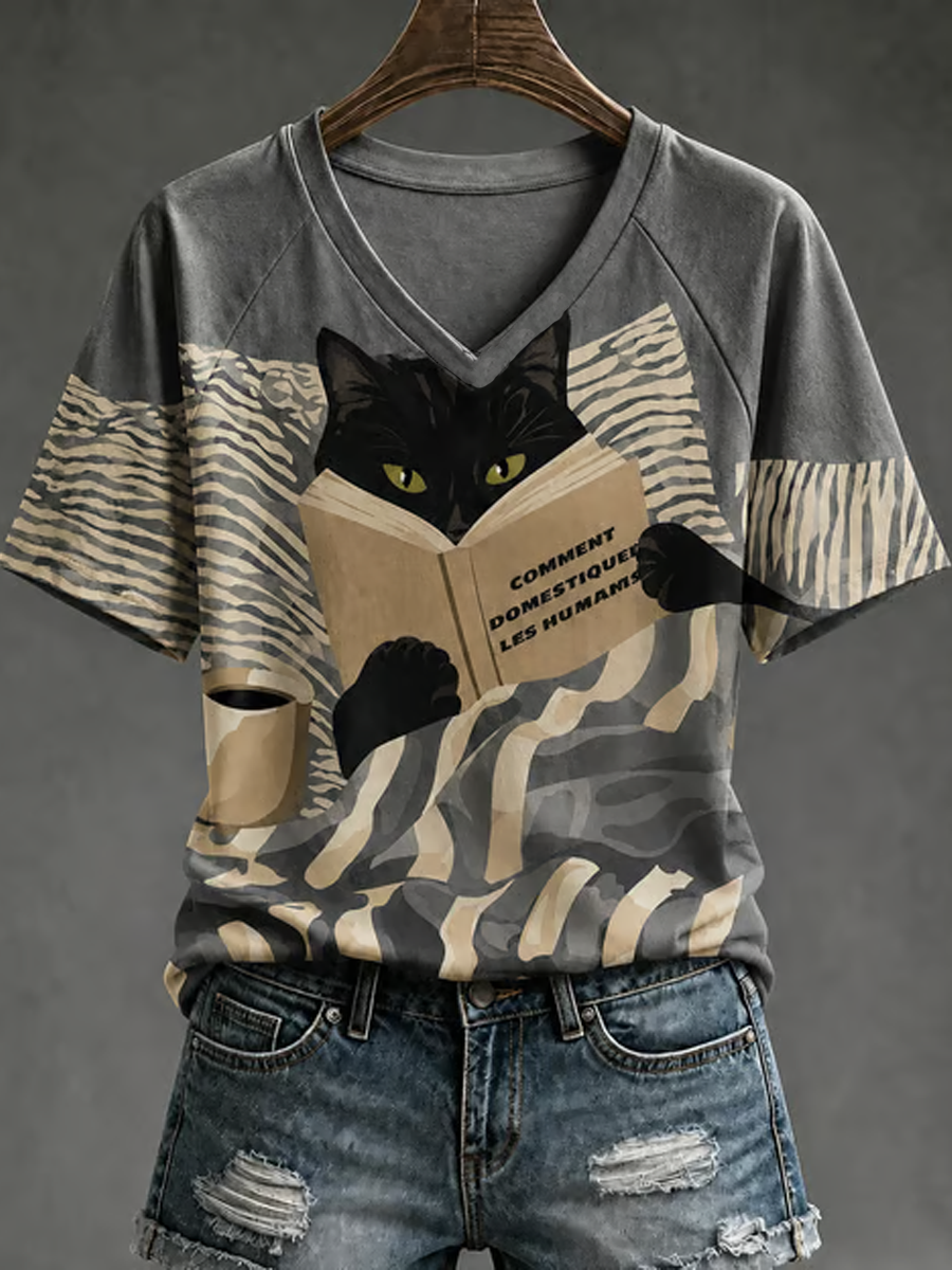 Női aranyos macska nyomtatás v-neck off-shoulder rövid ujjú póló