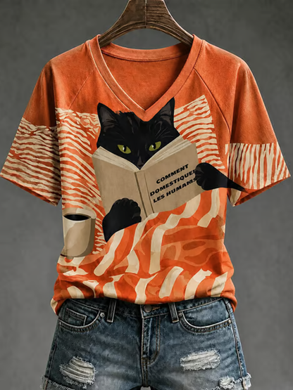 Női aranyos macska nyomtatás v-neck off-shoulder rövid ujjú póló