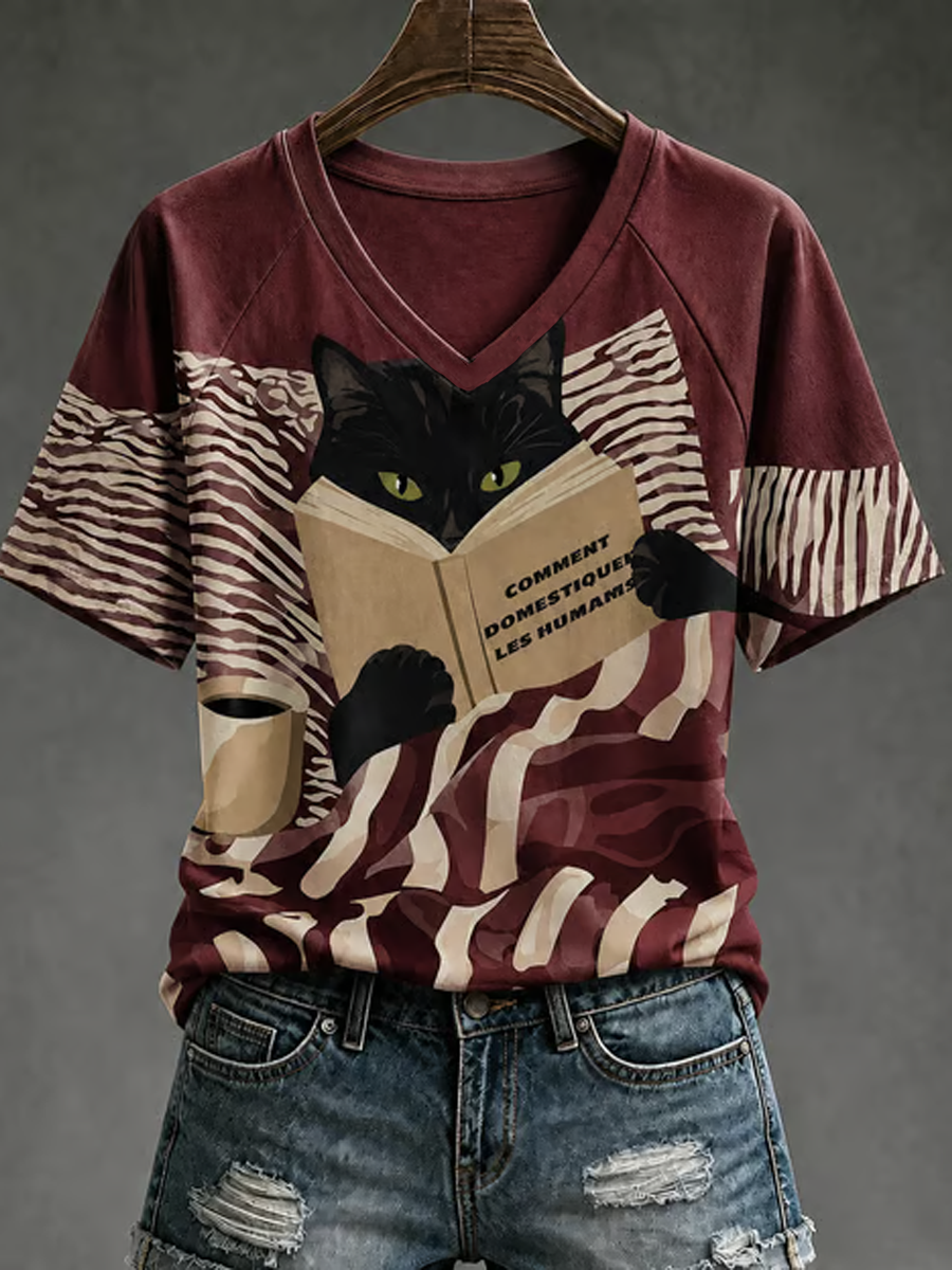 Női aranyos macska nyomtatás v-neck off-shoulder rövid ujjú póló