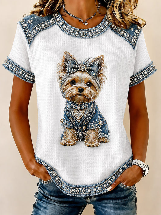 Női farmer patchwork kutya nyomtatás waffle alkalmi tee