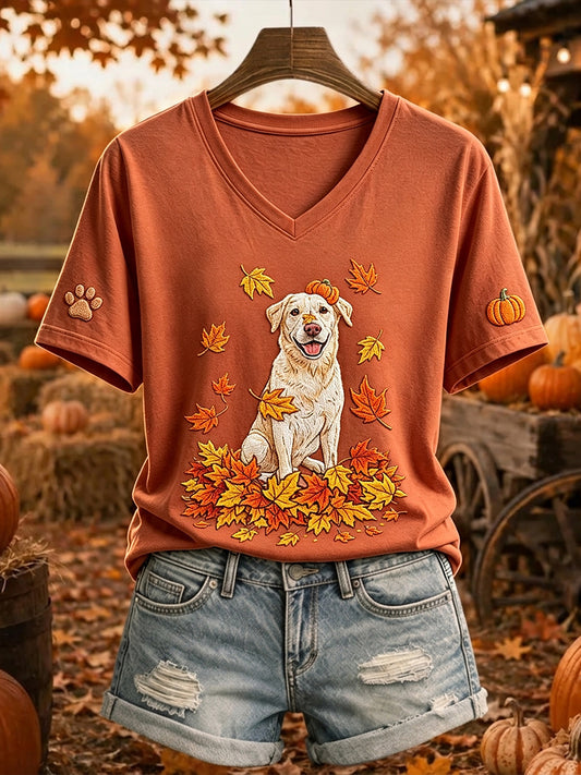 Női aranyos őszi labrador nyomtatás v nyak rövid ujjú póló