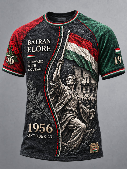 Férfi fekete, vintage magyar forradalom napja motívumos patchwork mintás alkalmi póló