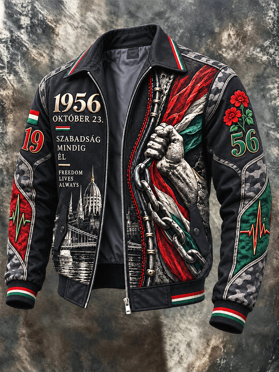 Férfi fekete vintage magyar forradalom nap patchwork nyomtatás alkalmi zip-up kabát