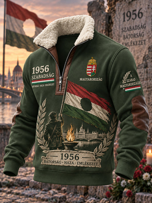 Férfi magas nyakú, hosszú ujjú pulóver „Forradalom és szabadságharc évfordulója” grafikus nyomattal